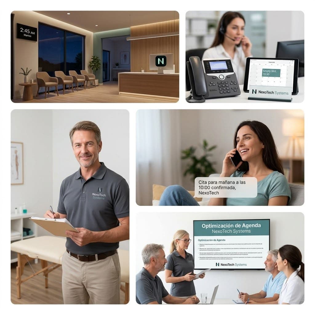 El día a día de una clínica con NexoTech Systems: sala de espera de noche, notificación de hueco libre, y confirmación de cita al paciente